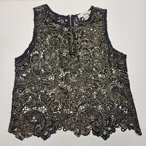 Vtg Sans Souci Black and Gold Metallic Lace Sleeveless Party Tank Top Zipper XS